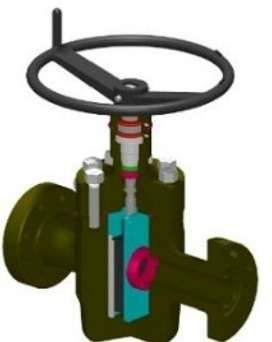 Cutaway of an API 6A gate valve with handwheel